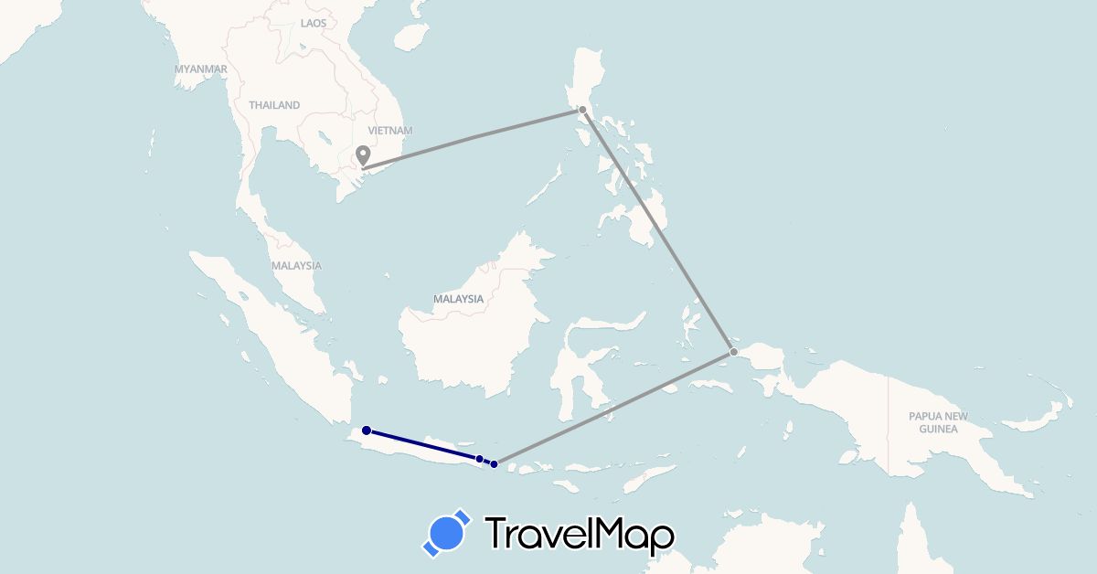 TravelMap itinerary: driving, plane in Indonesia, Philippines, Vietnam (Asia)